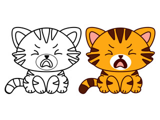 Sad cartoon orange kitten line art and colored version, emotional cute cat character for coloring book pages, stickers, childrens design, printables and educational illustrations. Vector illustration