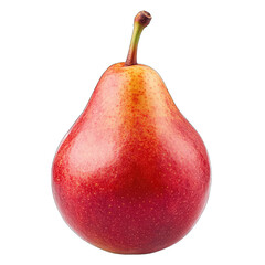 A single, ripe red pear with a slightly yellowish hue near the stem, glistening and showcased against a black background