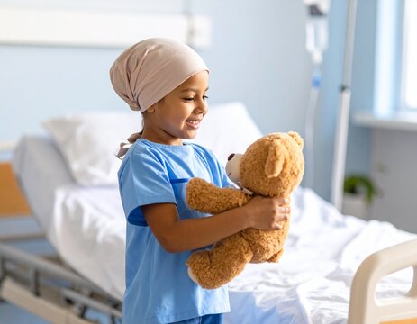 Child patient in pediatric oncology unit, playing with a teddy bear on hospital bed with IV. Compassionate, hopeful, and humanizing scene, perfect for healthcare, pediatric, and storytelling content.