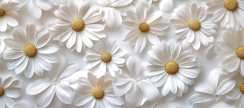 White daisies and scattered petals arranged on a clean white background, flat composition, high-resolution close-up photography, soft natural light, minimal aesthetic.