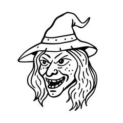 Hand drawn illustration of a halloween witch head isolate on white background 