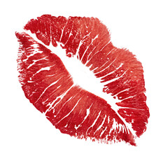 A red lipstick kiss mark on a black background with a textured and slightly abstract appearance style