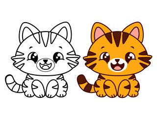 Smiling orange kitten in line art and color version. Great for children's coloring pages, educational designs, nursery prints, stickers and emotional printable activities. Vector illustration