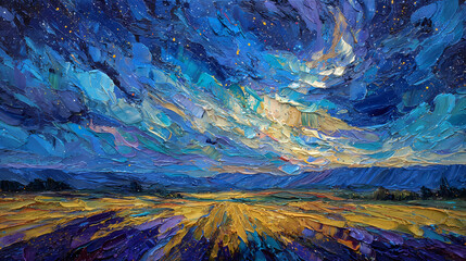 background for poetic narrative | internal cosmos | cosmic yearning | ultramarine and ochre | frontal compression | starry skies | swirling texture fields | broken brushwork | southern France