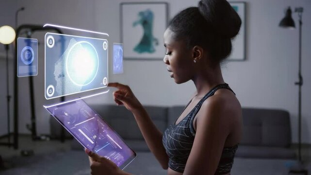 Futuristic black young woman in athletic outfit standing in a house, Hand touch screen interacting with glowing holographic health information data screens