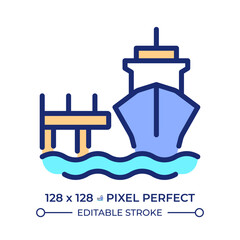 Mooring dock pixel perfect line color icon. Anchoring vessel in port. Maritime transport industry. Ship equipment. Isolated vector illustration. Flat colorful symbol design. Editable stroke