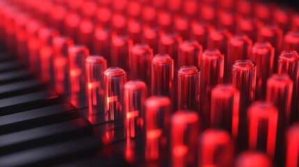 Obraz premium Close-up of illuminated red cylindrical elements above a dark surface. Intricate detail and a glowing effect