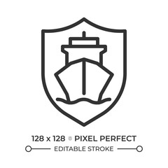 Ship safety pixel perfect line icon. Protection of passengers aboard vessels. Maritime transportation. Isolated vector illustration. Outline symbol. Simple linear drawing. Editable stroke