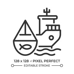 Fishing vessel pixel perfect line icon. Ship designed to catch fish and aquatic animals. Maritime transport. Isolated vector illustration. Outline symbol. Simple linear drawing. Editable stroke