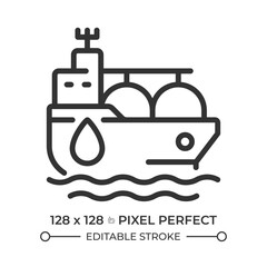 Tanker ship pixel perfect line icon. Fuel carrier vessel transporting cargo by sea. Marine transport type. Isolated vector illustration. Outline symbol. Simple linear drawing. Editable stroke
