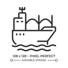 Bulk carrier pixel perfect line icon. Merchant ship transporting unpackaged cargo. Goods delivery by water. Isolated vector illustration. Outline symbol. Simple linear drawing. Editable stroke