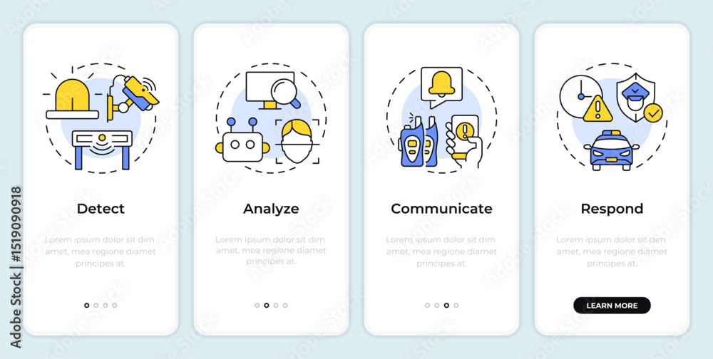 Wall mural physical security ecosystem onboarding mobile app screen. protection. walkthrough 4 steps editable g