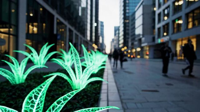 A futuristic urban street scene is illuminated by bioengineering glowing plants. These plants line the sidewalks, casting a soft, ethereal glow that bathes the surroundings in gentle hues of green and