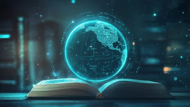 Ethereal globe above open book, concept of worldwide learning and knowledge