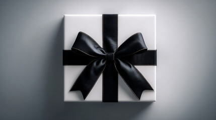 A top down view of a white gift box with a black ribbon and bow centered on a gray background