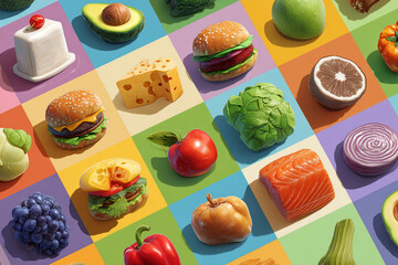 Assorted food items arranged on a colorful checkered background in an overhead shot style image