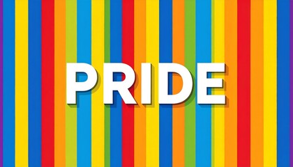 The word "PRIDE" appears in bold white letters over a vibrant rainbow-colored striped background.