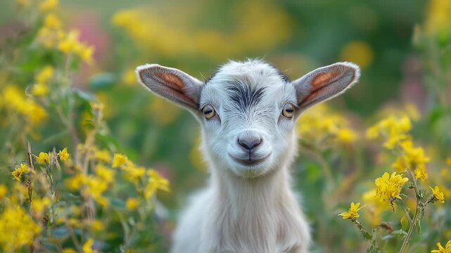 Charming Kid Goat Portrait Amidst Yellow Flowers in Natural Setting