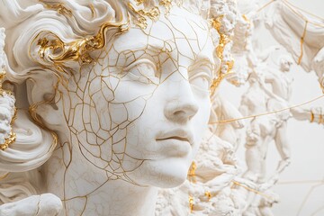 An intricate marble statue of the Greek goddess, adorned with gold accents, stands in an opulent white palace room filled with classical architecture and gilded statues.