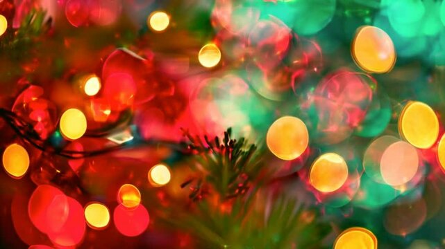 Festive Christmas lights illuminate a blurred evergreen branch, creating a vibrant, bokeh-filled holiday scene.