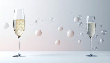 Two Champagne Glasses With Bubbles Ascending Against A White And Gradient Background Celebrating Luxury And Festivity