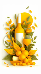 A lively illustration yellow bottle for wine with citrus fruits and leafy accents, capturing the essence of freshness
