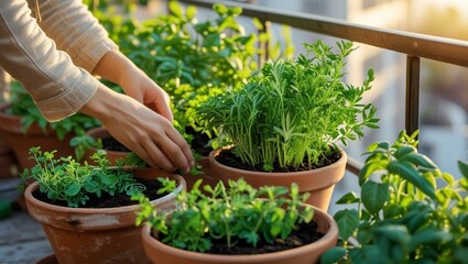 hands planting herbs in pots on a sunny urban balcony, green plants morning light