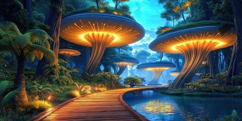 A bioengineered floating island featuring glowing bioluminescent trees that illuminate pathways at night, symbolizing futuristic sustainable innovation.