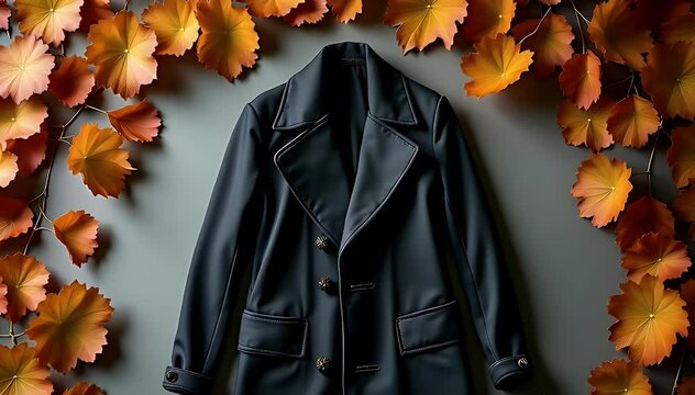 &ldquo;A black jacket lying or displayed flat on the ground, artistically surrounded by scattered autumn leaves in warm tones of red, orange, and yellow &mdash; cozy, moody, and seasonal composition&rdquo;

