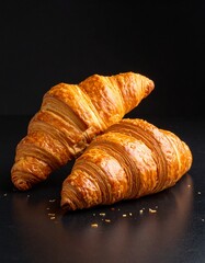 a classic croissant placed on a black surface. Pastry