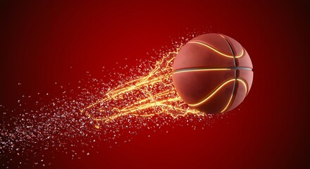 Basketball in motion with abstract digital effects on a red background