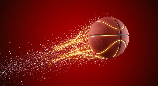 Basketball in motion with abstract digital effects on a red background