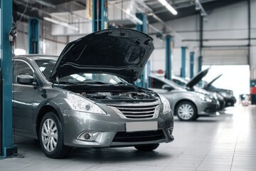 Car repair shop, a grey with an open hood in the foreground and other cars on lifting platforms for maintenance in the background. Car service center interior. Blurred background of a car workshop.