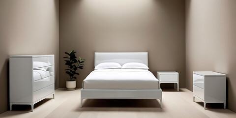 Modern Bedroom Interior with White Furniture and Brown Walls

