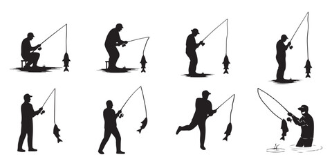 Silhouettes of Fishermen Catching Fish, Six black silhouette illustrations of men fishing.