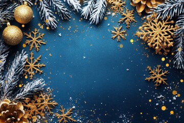 Festive blue background with ornaments, snowy pine, golden snowflakes. Use for Christmas cards, invitations, and holiday marketing visuals.