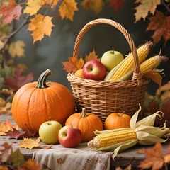  Realistic still life of autumn harvest with pumpkins, apples, corn, and wicker basket in a traditional seasonal setup © Halyna Petrenko