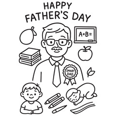 Father’s Day Line Art Illustration – Teacher Dad with Books, Chalkboard, and Smart Dad Badge