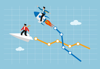 Businessman Flying with Rocket and Another on Paper Plane Over Business Graph Chart Representing Teamwork, Career Growth, and Financial Success Concept