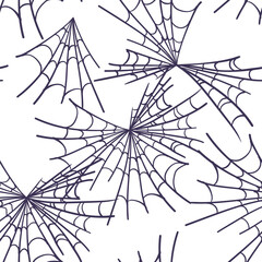 Vector seamless pattern with spider web on white background. Minimalistic Halloween background. Spider web in sketch technique.