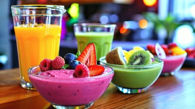 Colorful assortment of fruit smoothies and juices, beautifully arranged on a wooden table.