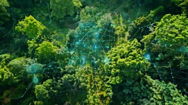 Aerial view of a lush green forest canopy with interconnected digital network overlay. - Powered by Adobe