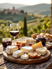 Gustoso tagliere di formaggi  e calice di vino rosso su un tavolo rustico in una terrazza su di un antico paesaggio medievale