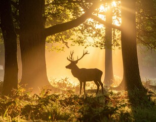 Backlit silhoutte of deer in forest clearing at dawn