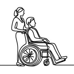 a woman carries a man in a wheelchair ,  simple continuous one line drawing . Transparent background png file