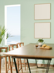 Bread and coffee on wooden dining table with stool chair near a rectangular hole in green mint wall.