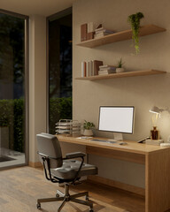 Black leather swivel chair with white screen computer on wooden table under lamp light in study room