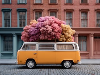 A vibrant floral explosion from a retro van against an urban backdrop, showcasing a dynamic fusion of art and nature.
