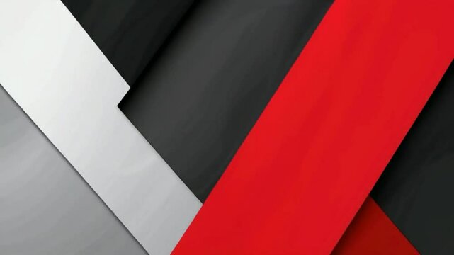 Abstract geometric design featuring bold red, black, gray, and white stripes intersecting at sharp angles.