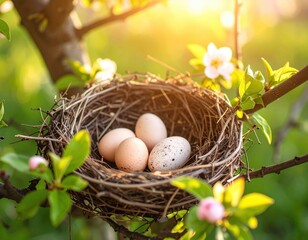 Bird nest with eggs on a tree